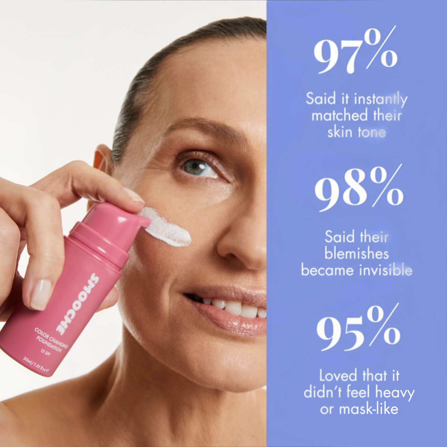 Smooche Color Changing Foundation - Skin Tone Adapting Liquid Foundation for Women, Self Adjusting Natural Finish, Blurs Imperfections & Fine Lines, SPF 15, All Skin Types, 1.01 Fl Oz
